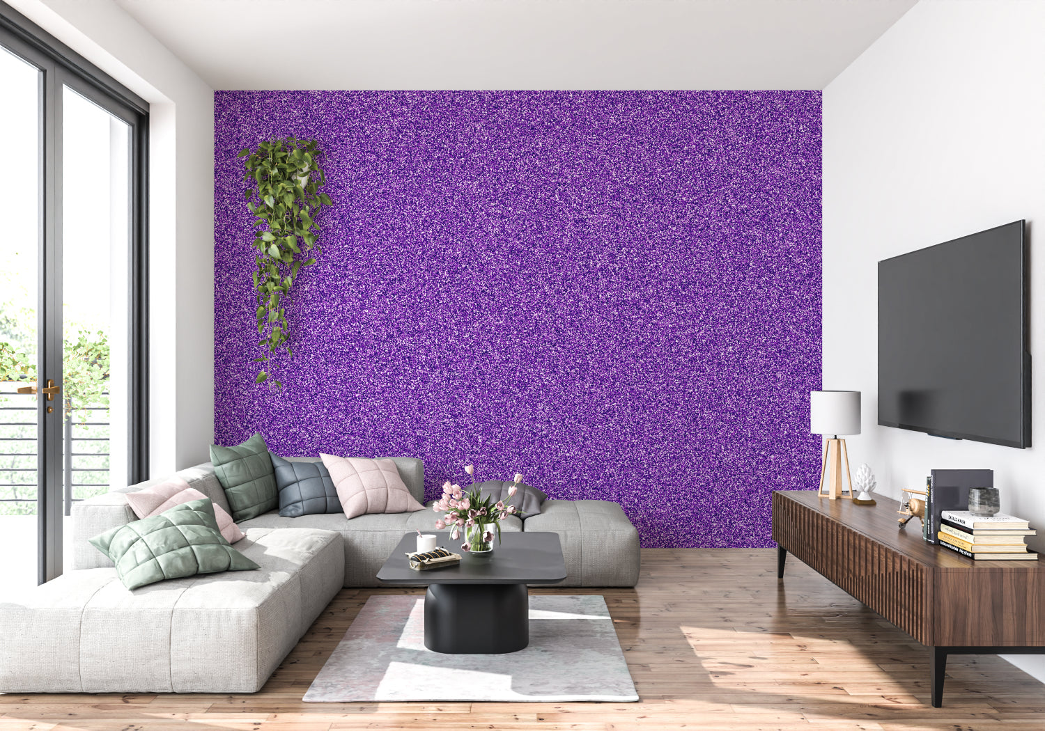 Purple glitter wallpaper creating a magical atmosphere in a modern living room with natural light highlighting the shimmer effect