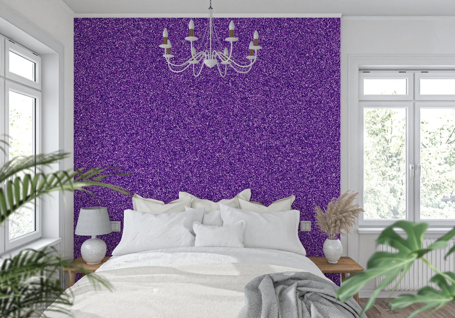 Home office with purple glitter accent wall creating a sophisticated work environment