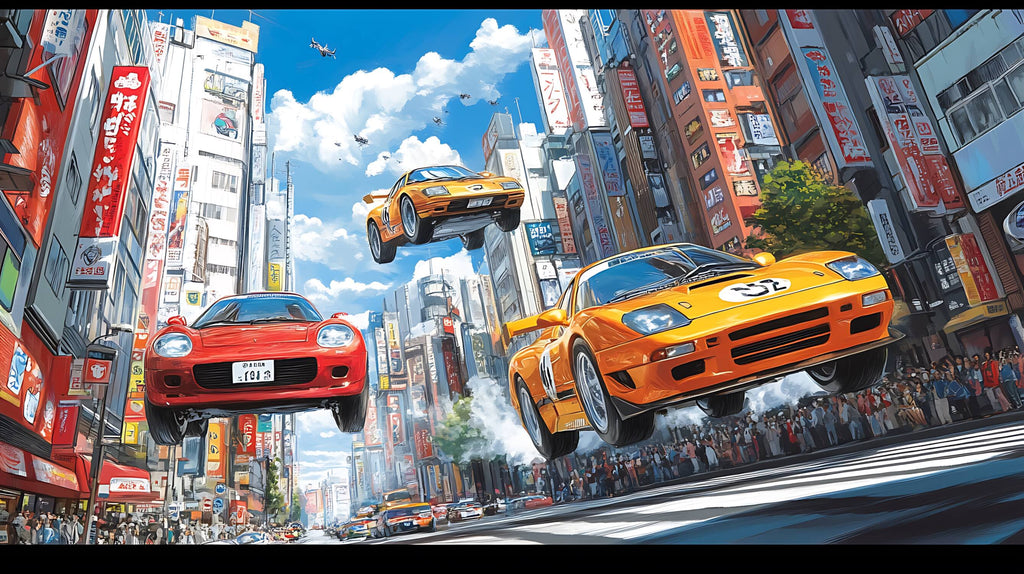 Design file showing detailed Japanese street racing pattern with sports cars and urban elements