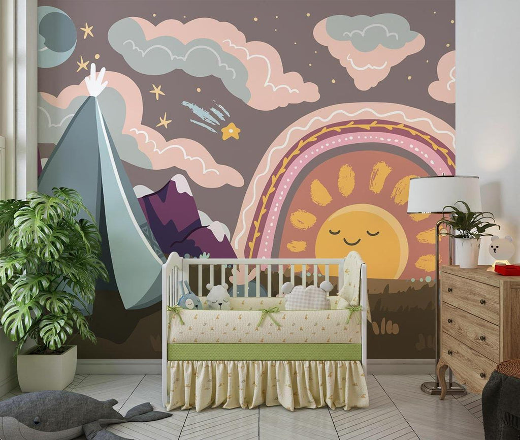 Desert night scene mural wallpaper in baby's room with crib and mobile