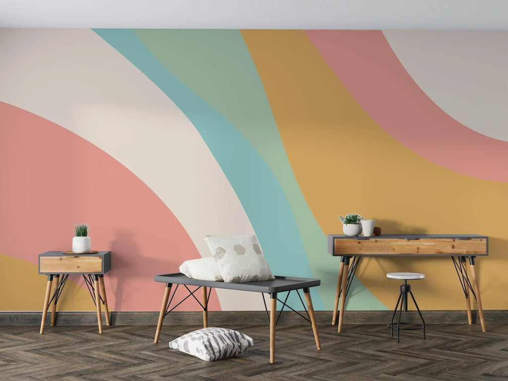 Rainbow wave wallpaper creating a dreamy atmosphere in a modern living room with natural light