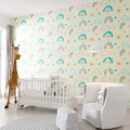 Rainbow wallpaper mockup in bright nursery with white furniture showing pastel colors and cloud pattern