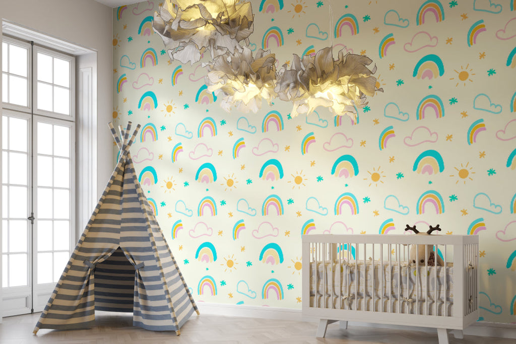 Rainbow wallpaper installation in baby room showing full wall application
