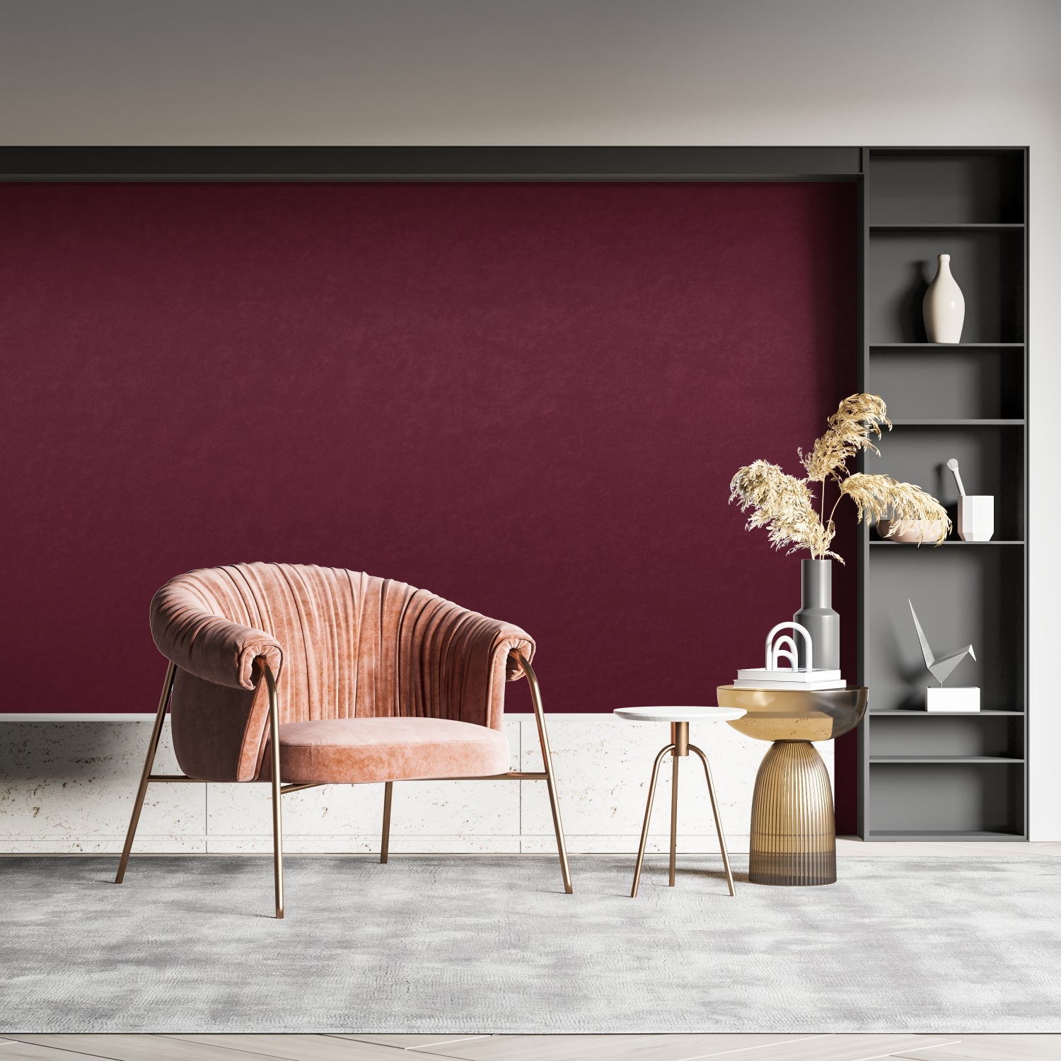 Burgundy accent wall in home office with wooden desk and natural light