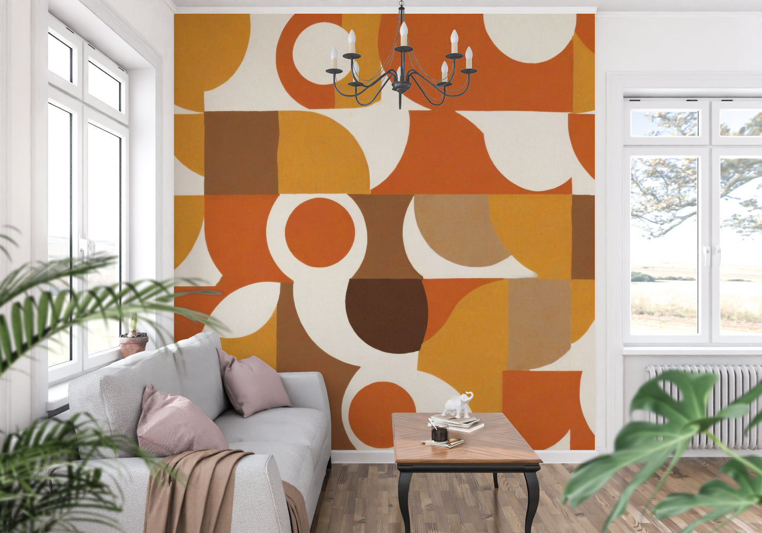 Vintage geometric wallpaper showcased in hallway with minimal decor