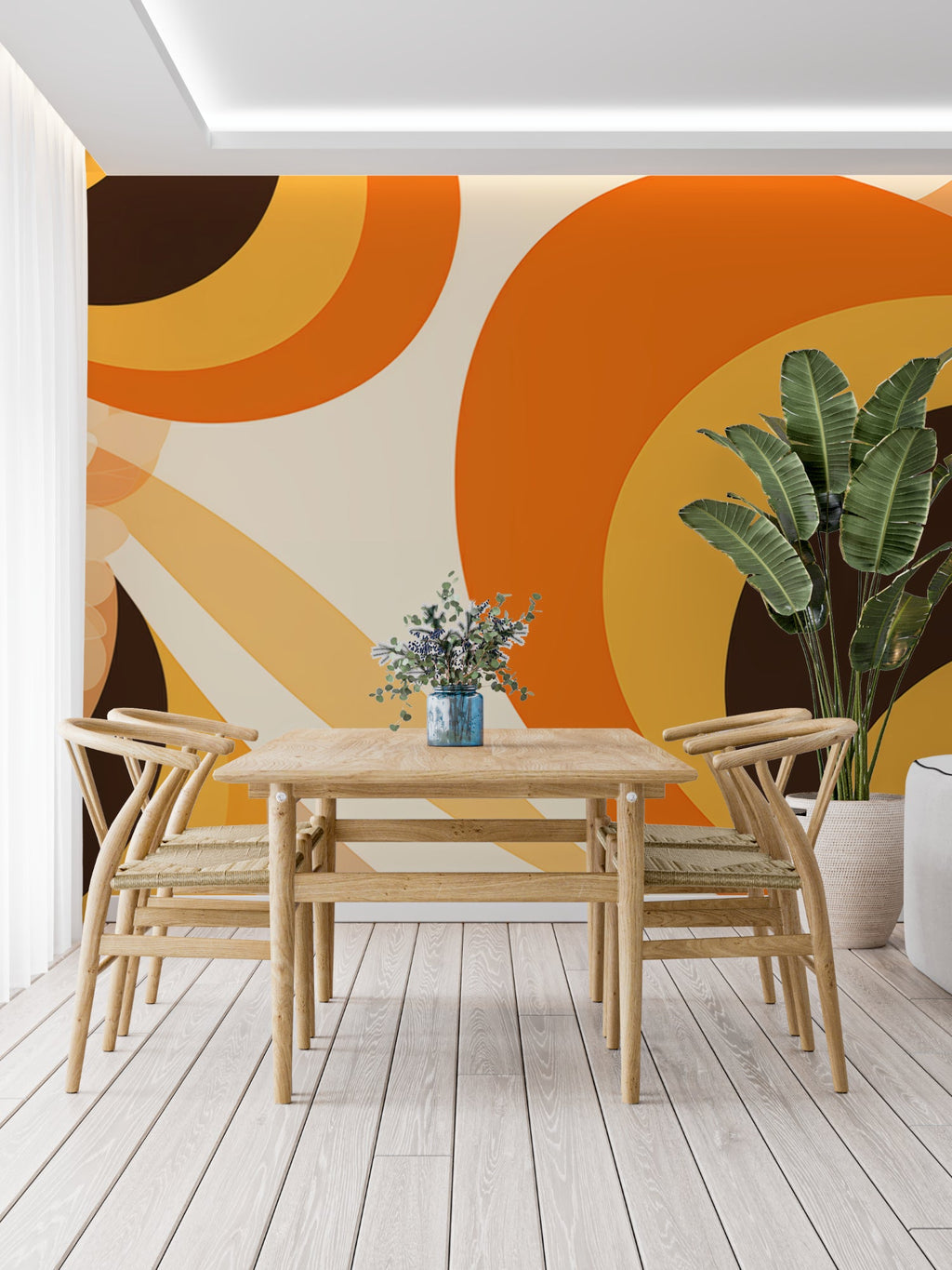 Retro geometric wallpaper with orange circles bringing warmth to a modern living room setting