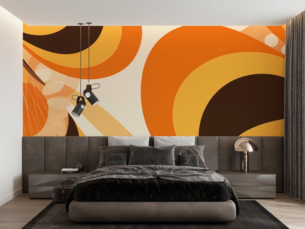 70s inspired circle wallpaper creating a statement wall in a stylish dining room