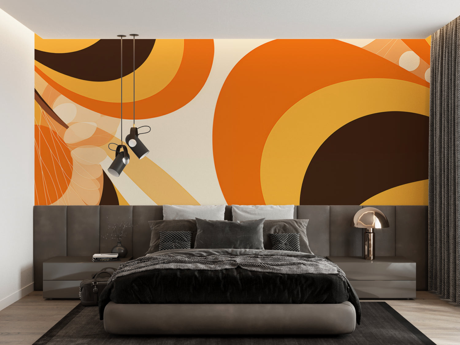 70s inspired circle wallpaper creating a statement wall in a stylish dining room