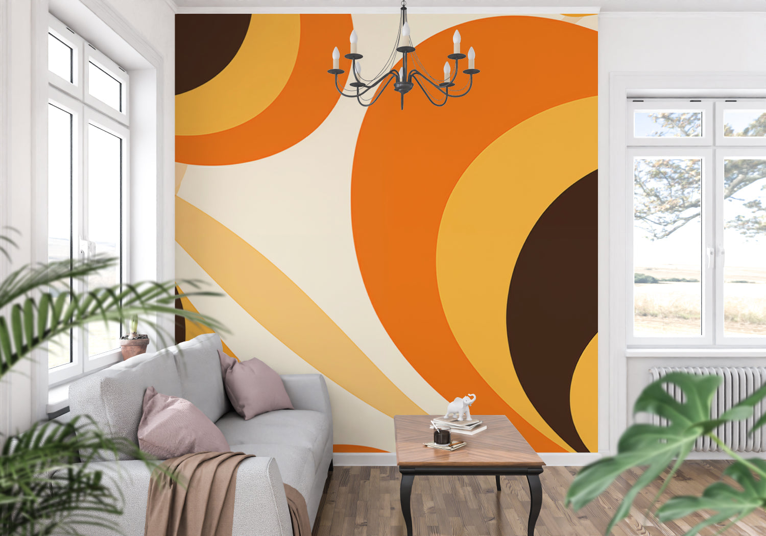 Orange geometric wallpaper adding retro charm to a home office space