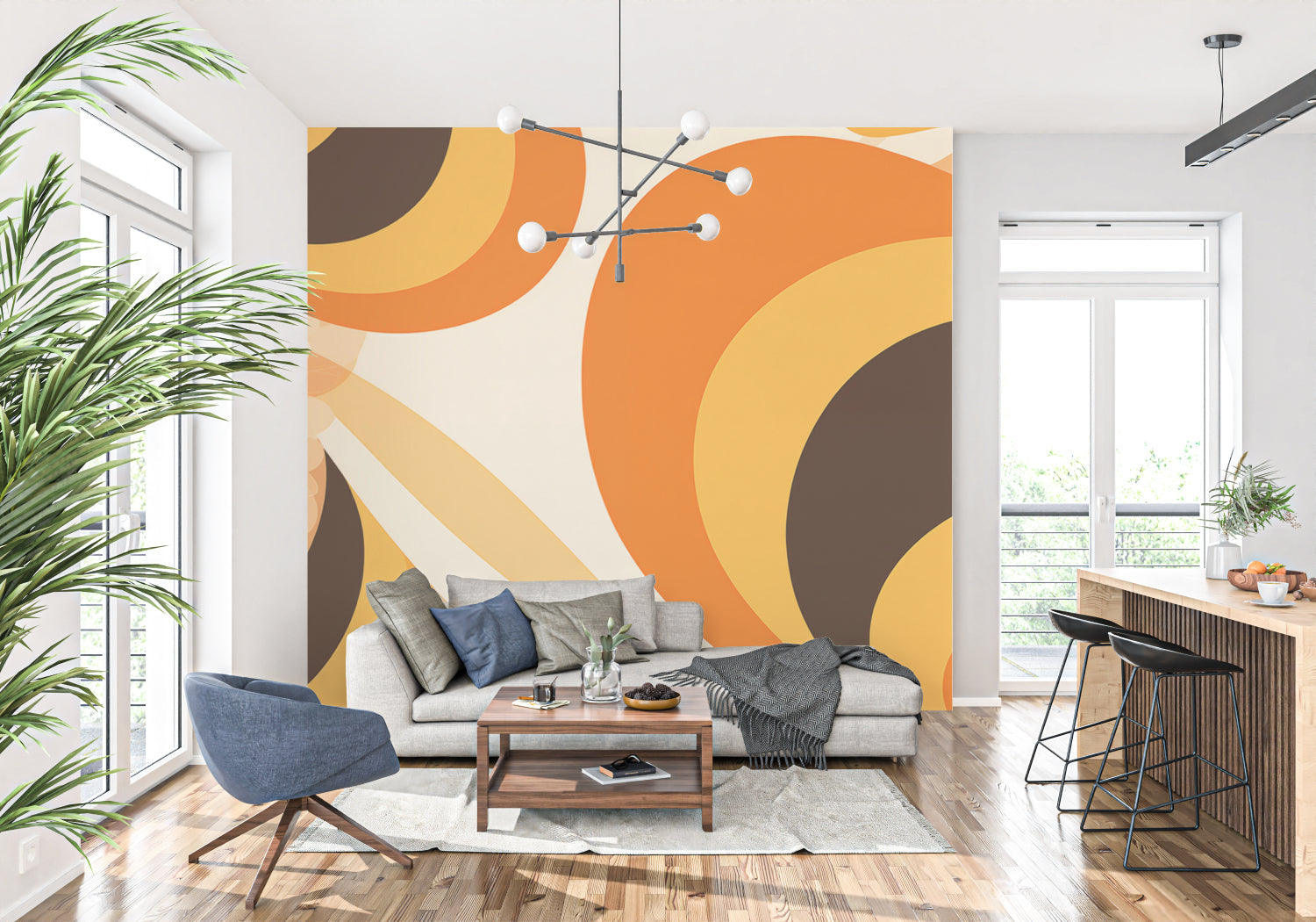 Vintage circle pattern wallpaper brightening up a bedroom accent wall