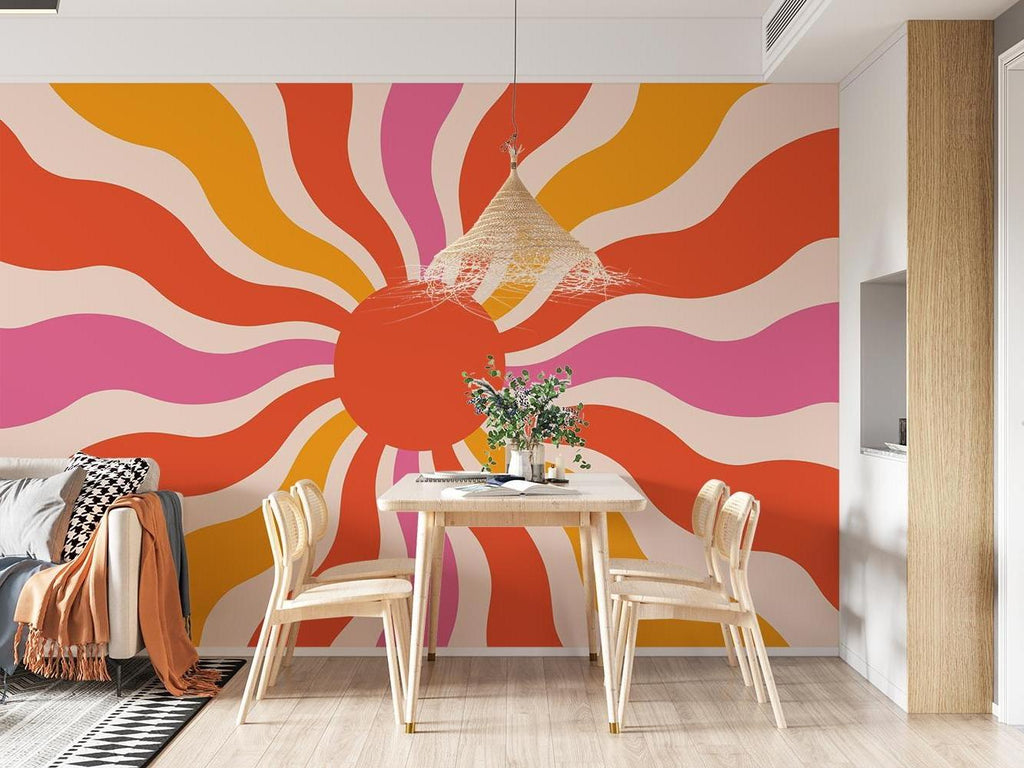 Retro sunburst pattern wallpaper bringing warmth to a modern living room with minimal furniture
