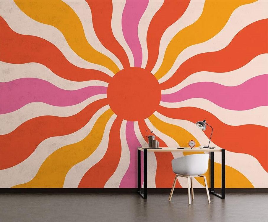 Geometric retro wallpaper creating a focal point in a bright home office space