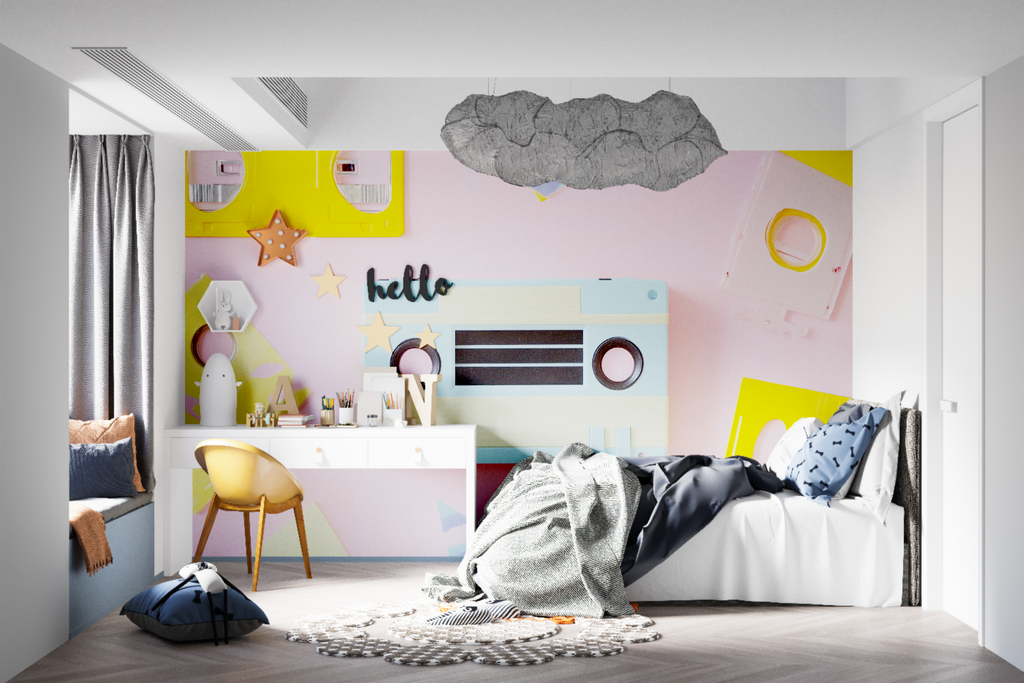 Vintage music wallpaper featured in a cool gaming room setting