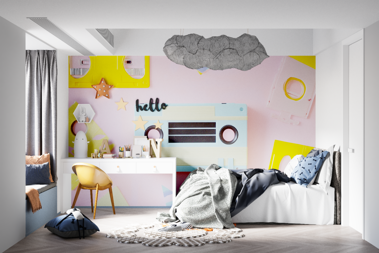 Vintage music wallpaper featured in a cool gaming room setting