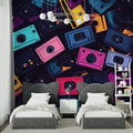 Retro music wallpaper brings life to modern living room with colorful 80s cassette design