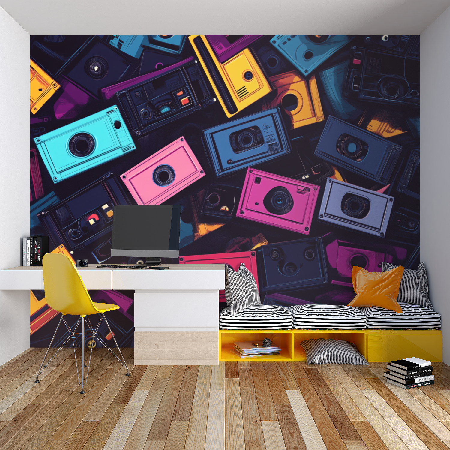 Music themed wallpaper brings 80s vibe to entertainment room