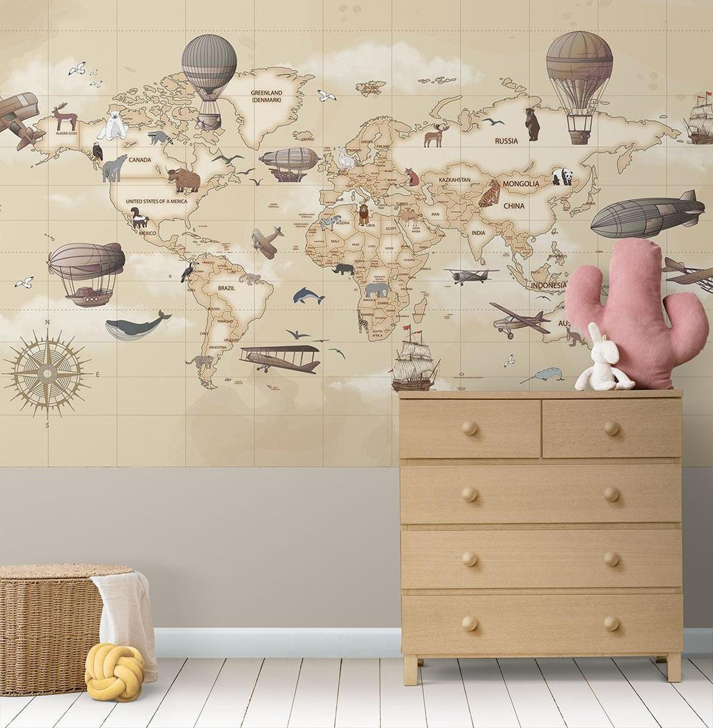 World Map Mural Wallpaper | Vintage Adventure Theme With Hot Air Balloons