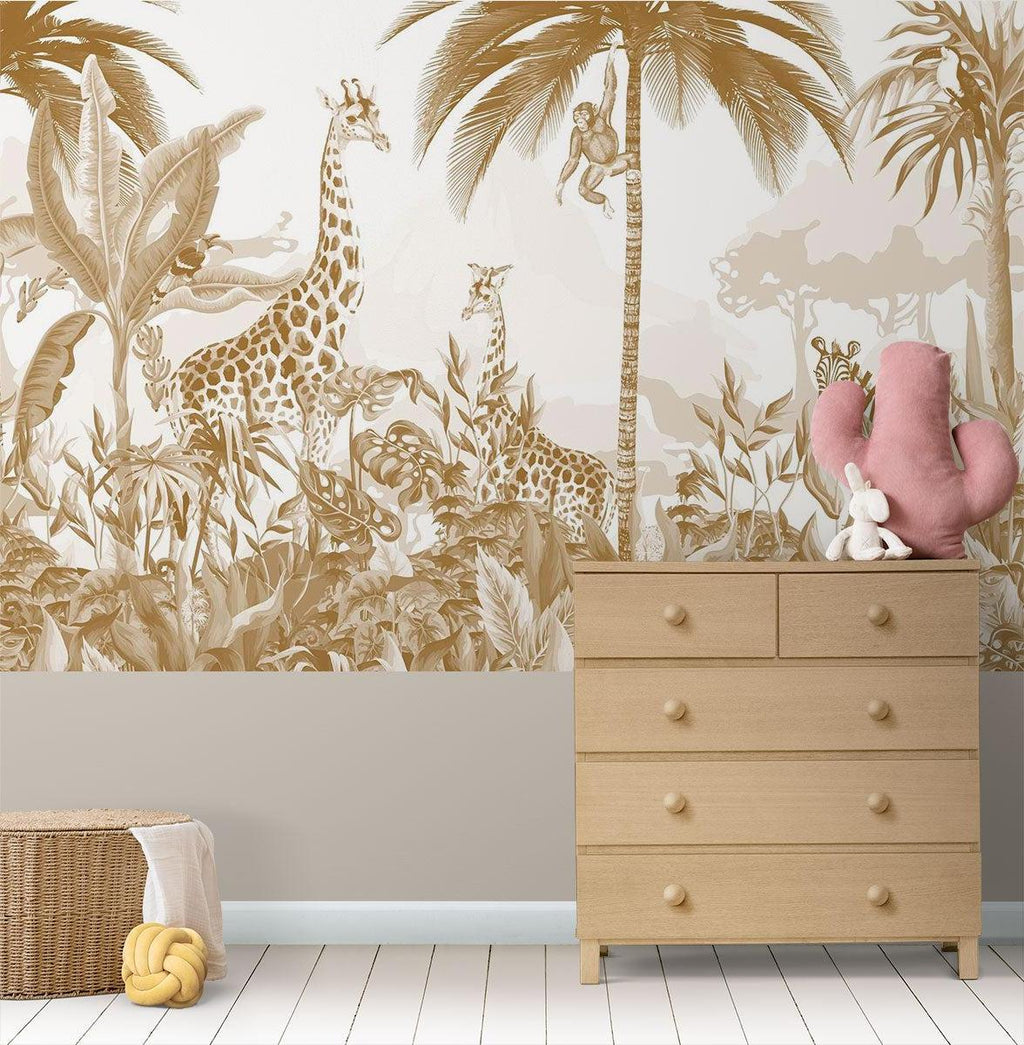 Safari Mural Wallpaper | Golden Jungle Animals Design