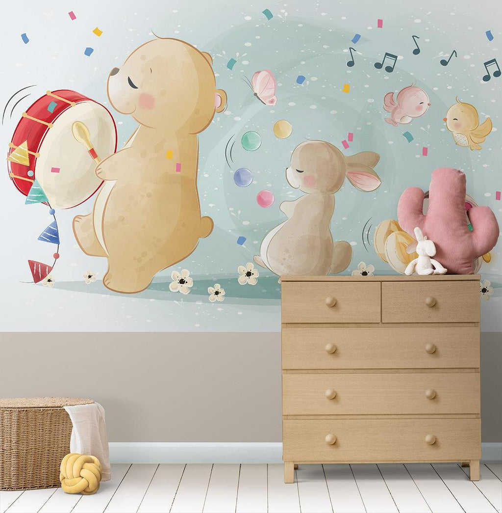 Musical Animals Mural Wallpaper | Playful Nursery Band with Bear and Bunny