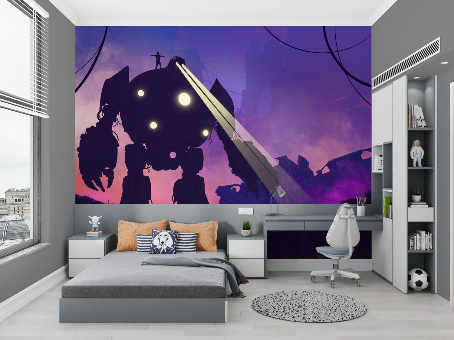 Futuristic robot wall mural in teen bedroom, glowing red accents on white walls