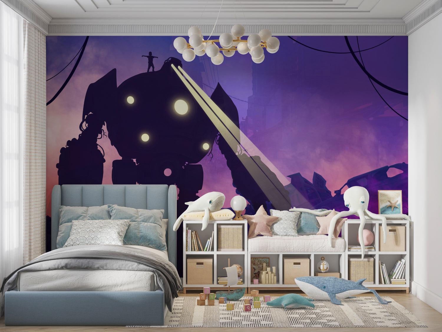 Sci-fi robot mural in living room, demonstrating scale and impact