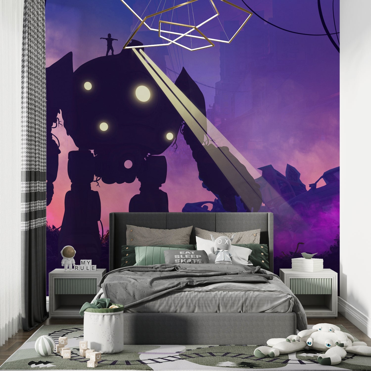 Robot wall design in modern entertainment space, highlighting red glow effects