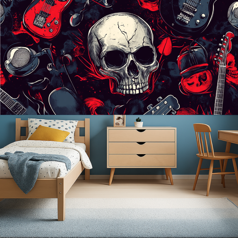 Music room featuring red and black skull wallpaper design with dramatic lighting