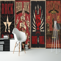 Rock music wallpaper displayed in modern entertainment room with vintage concert poster design creating bold accent wall