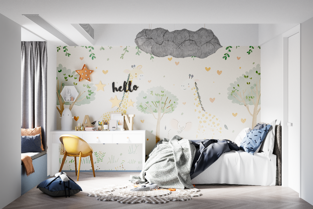Reading nook with Safari Animals Wallpaper featuring sweet giraffe illustrations