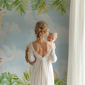 Safari Animals Wallpaper in bright nursery with white furniture showing playful jungle friends