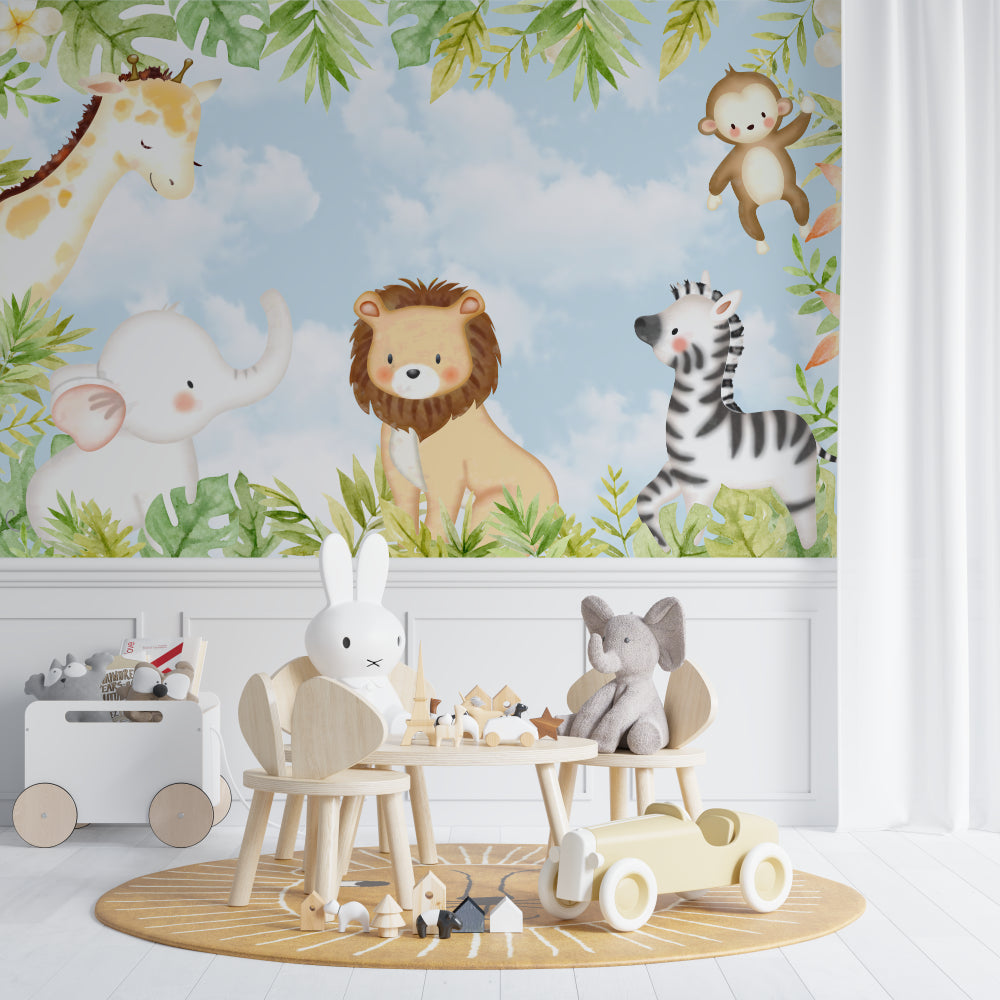 Kids bedroom with Safari Animals Mural featuring friendly elephant and giraffe