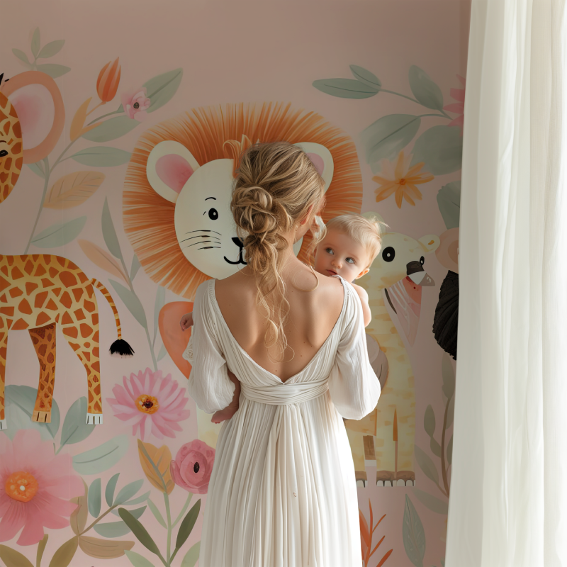 Jungle Theme Wallpaper in playroom showing scale of animal designs