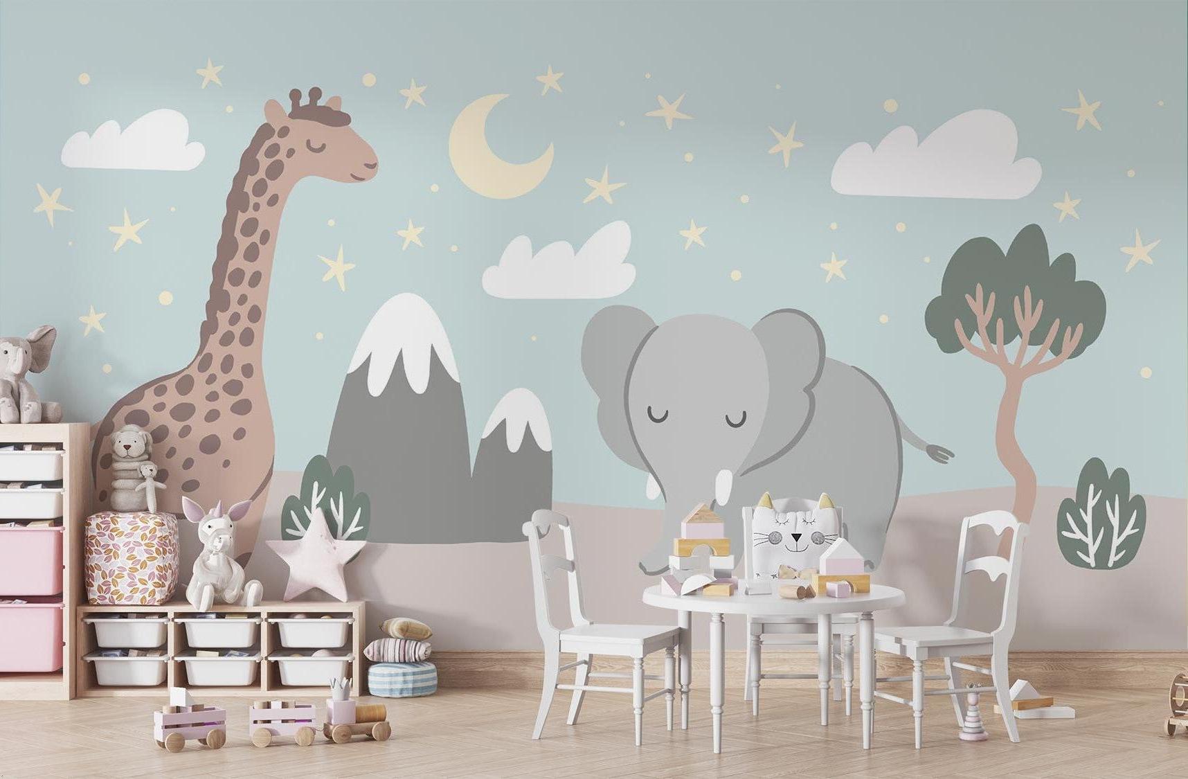 Kids bedroom featuring Safari Animals Mural with reading nook and star lights