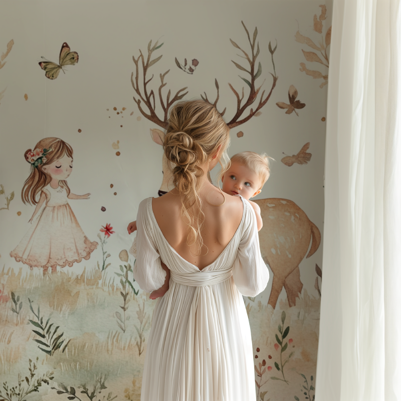 Pink Safari Wallpaper creating a focal wall in a modern children's bedroom