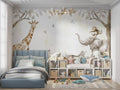 Safari Animals Wallpaper in bright nursery with white furniture showing gentle watercolor animals