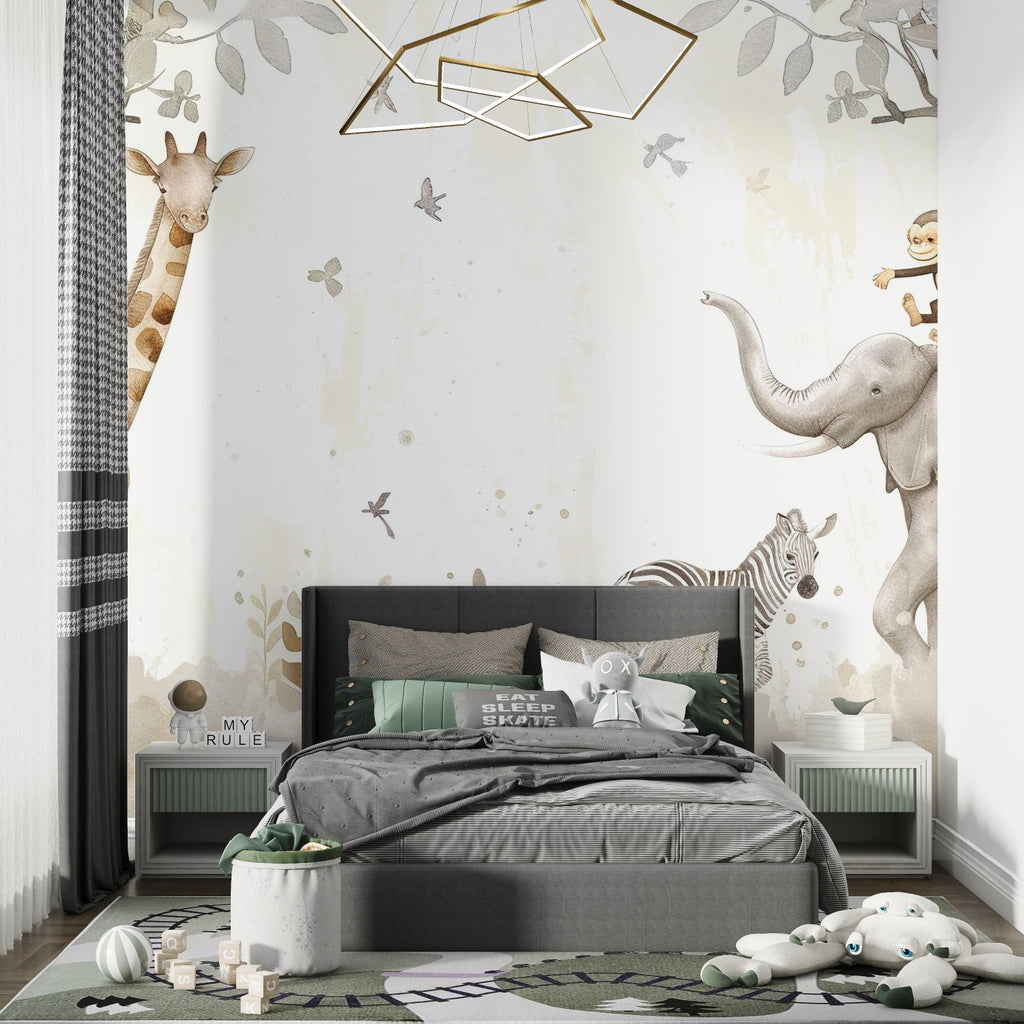 Kids bedroom featuring Safari Animal Mural with reading nook and natural lighting