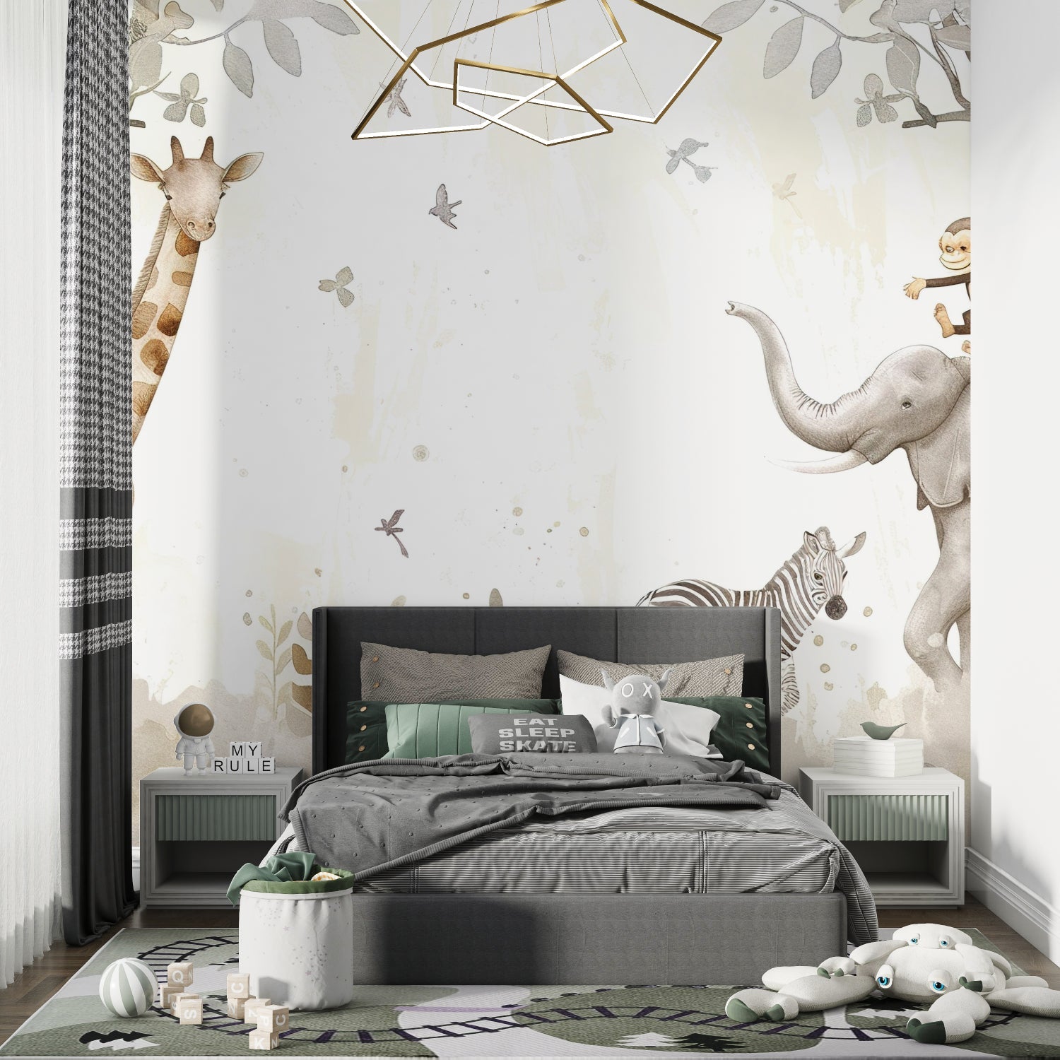 Kids bedroom featuring Safari Animal Mural with reading nook and natural lighting