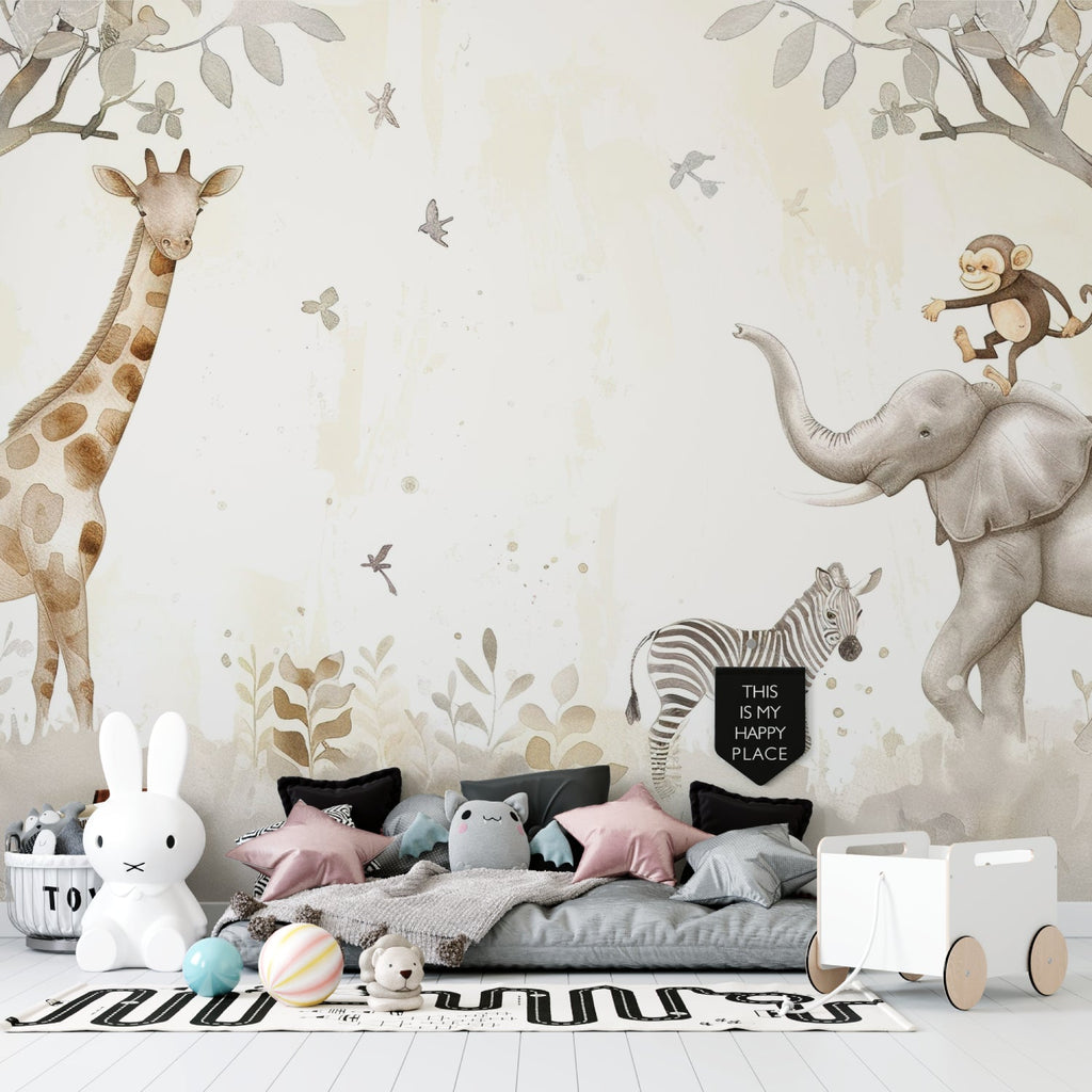 Close-up of Safari Animal Wallpaper showing watercolor giraffe and elephant detail