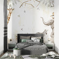 Safari Animals Wallpaper in modern white nursery with wooden crib and natural decor