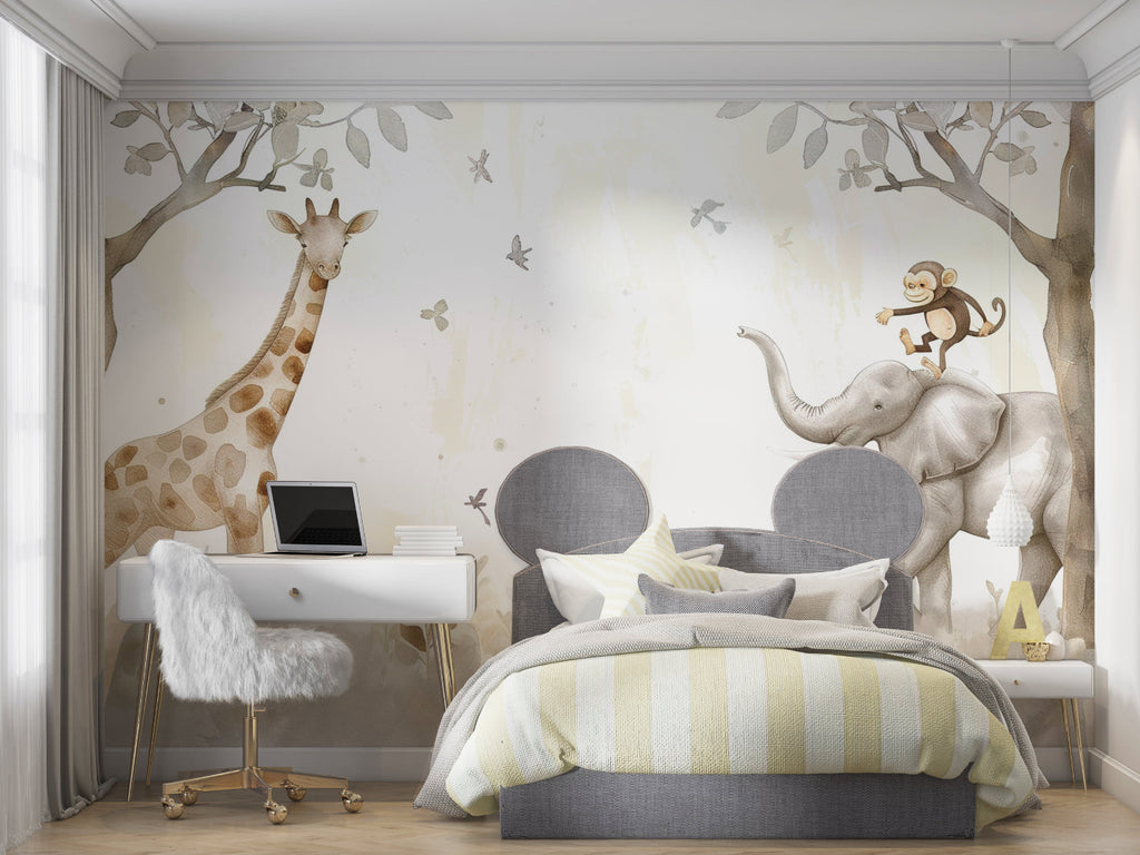 Safari Animals Mural in bright kids playroom showing giraffe and elephant detail