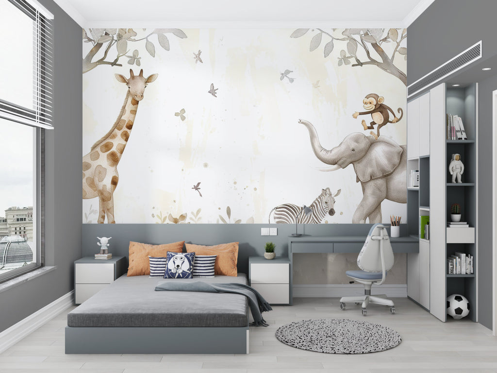 Watercolor Safari Wallpaper in cozy reading nook with floor cushions