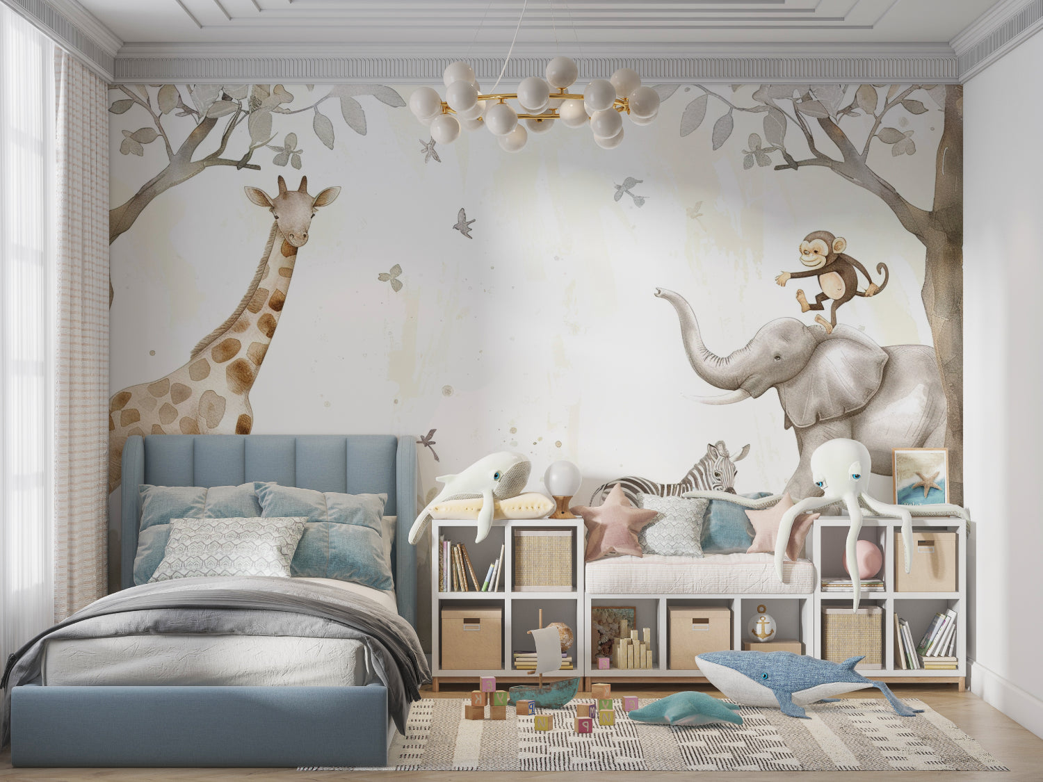 Safari Theme Wallpaper in baby room with changing table and mobile