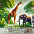Safari Animals Wallpaper in bright kids bedroom, showing giraffe and elephant mural creating a fun learning space