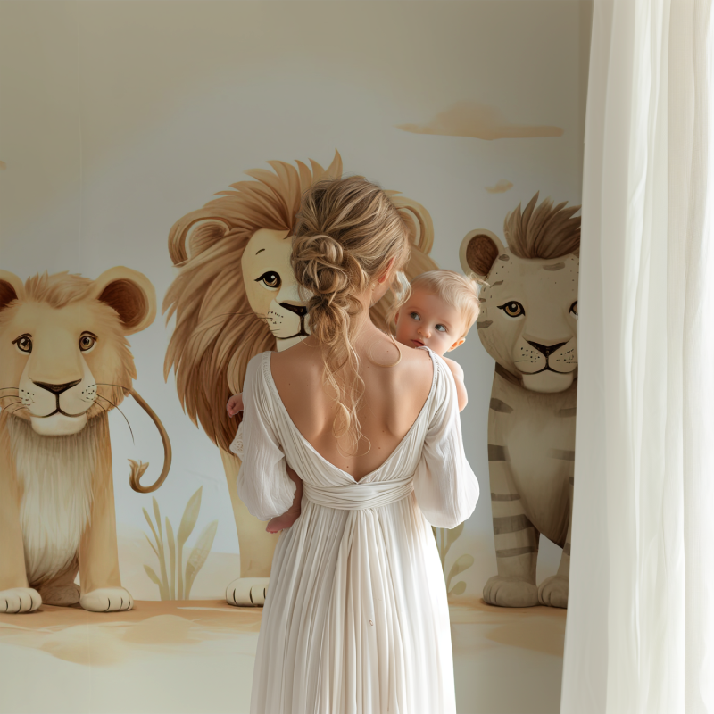 Safari animals wallpaper creating a cozy atmosphere in a modern nursery with neutral furniture