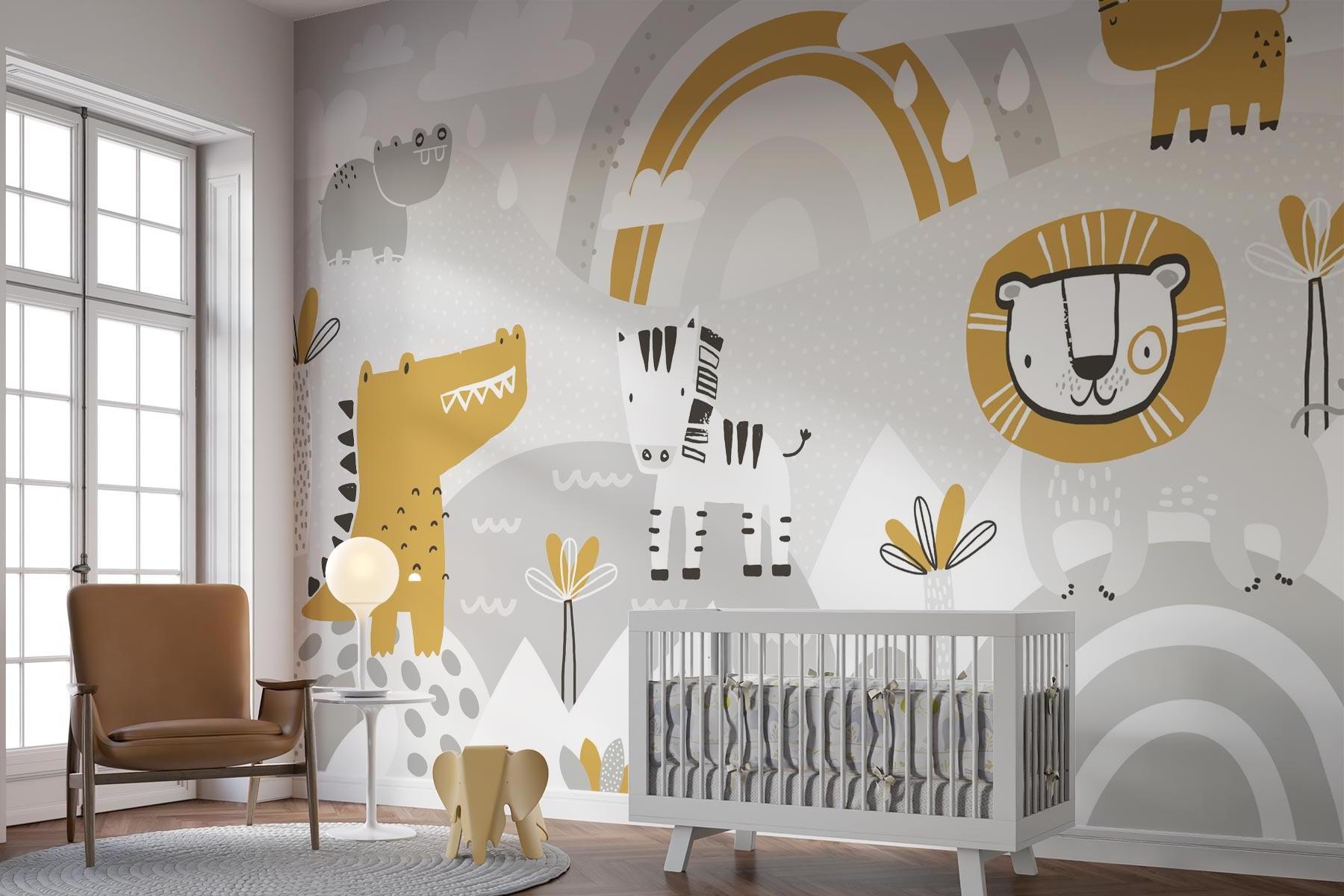Safari animals wallpaper bringing joy to a modern nursery with gold and grey tones