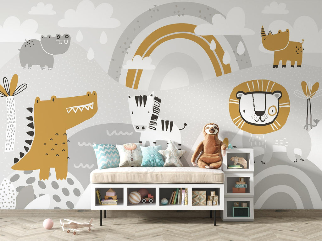 Kids bedroom showcase with playful safari wallpaper featuring friendly animals
