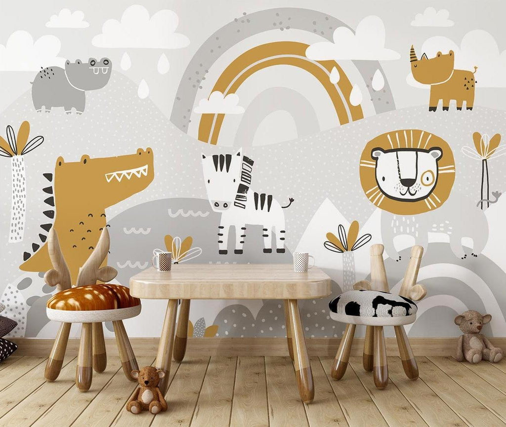 Playroom decorated with safari animal mural showing lion and zebra friends