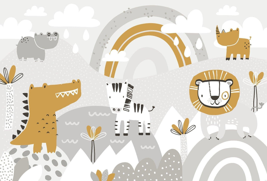 Design file of Safari Animals wallpaper pattern with gold lion, zebra, and friendly creatures