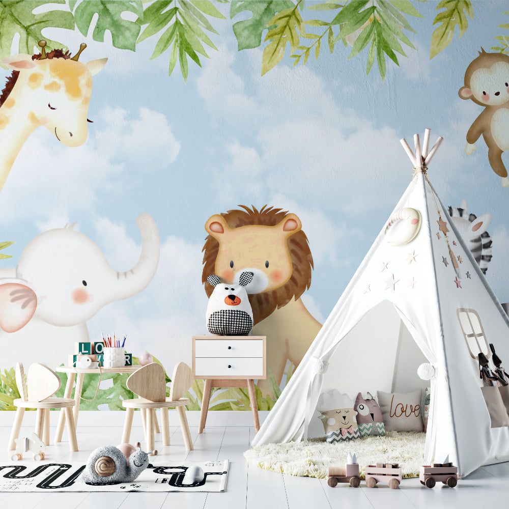 Safari themed wallpaper bringing life to a minimalist children's bedroom