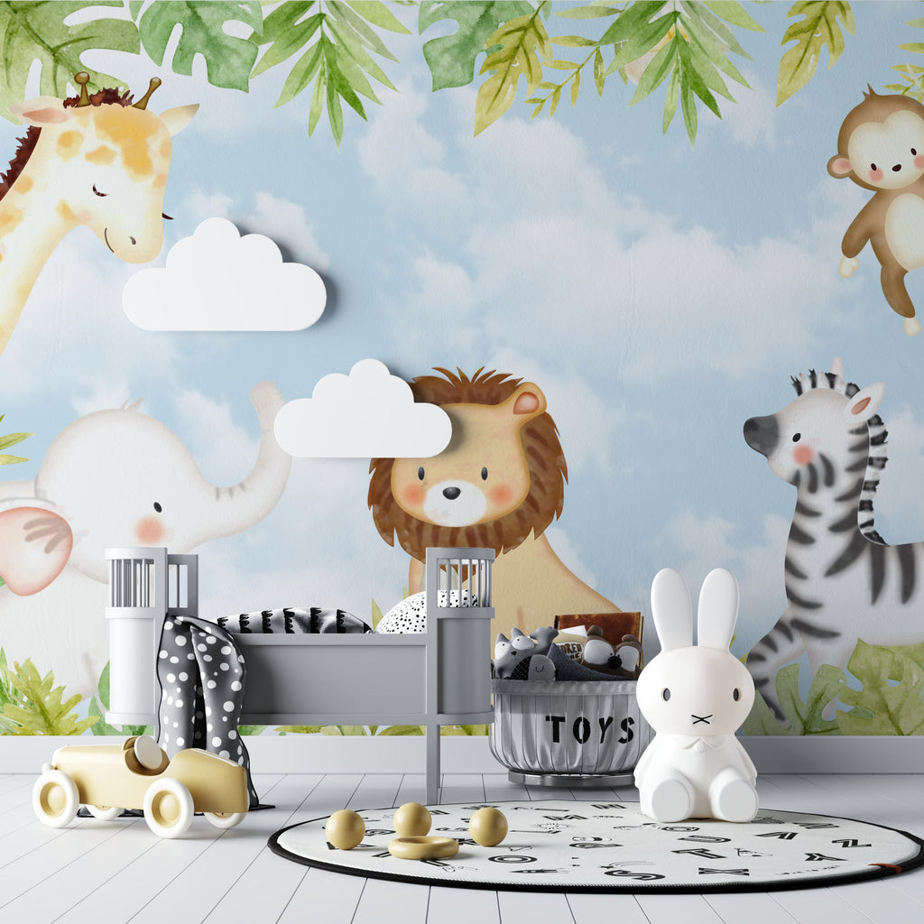 Jungle wallpaper installation in a baby room with wooden accents